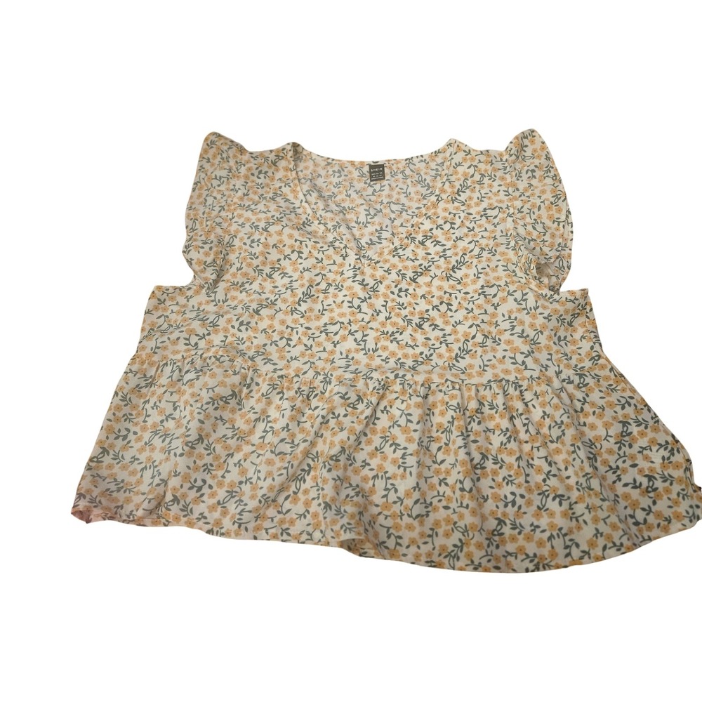 Shein Floral Babydoll Top Yellow Ditsy V-Neck Ruffle Cap Sleeve Peplum Blouse XL